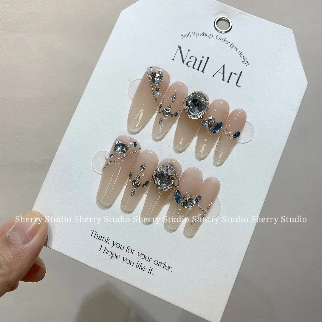 《晚风》雪梨家甜美温柔高级流光冰透爱心水蜜桃小碎钻穿戴甲