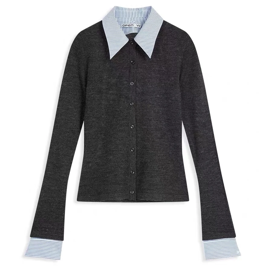 OPEN YY 衬衫领宽袖口针织开衫