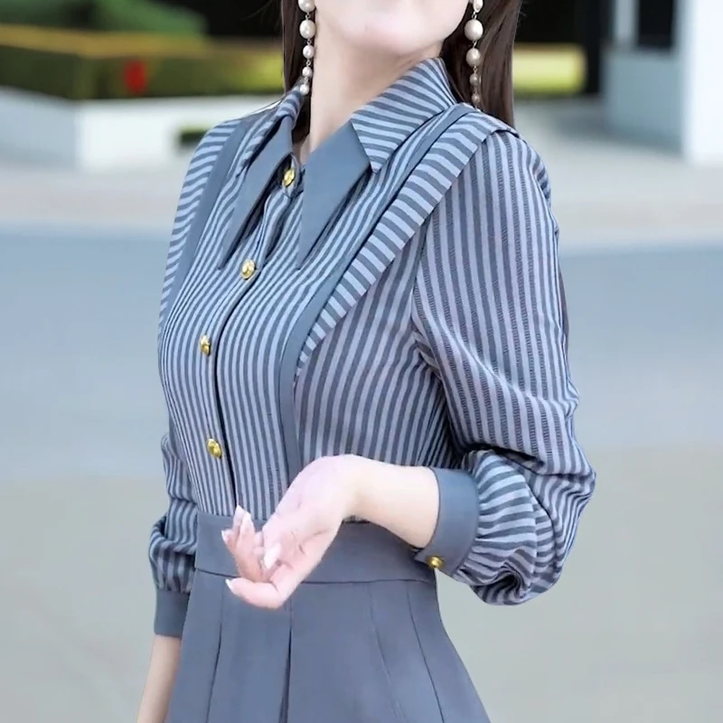 2025春季新款时尚假两件长袖连衣裙女气质显瘦条纹拼接中长款裙子