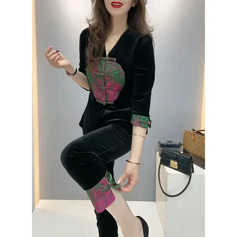 2025春季新款气质国风盘扣丝绒小衫小脚裤两件套女时尚拼接两件套