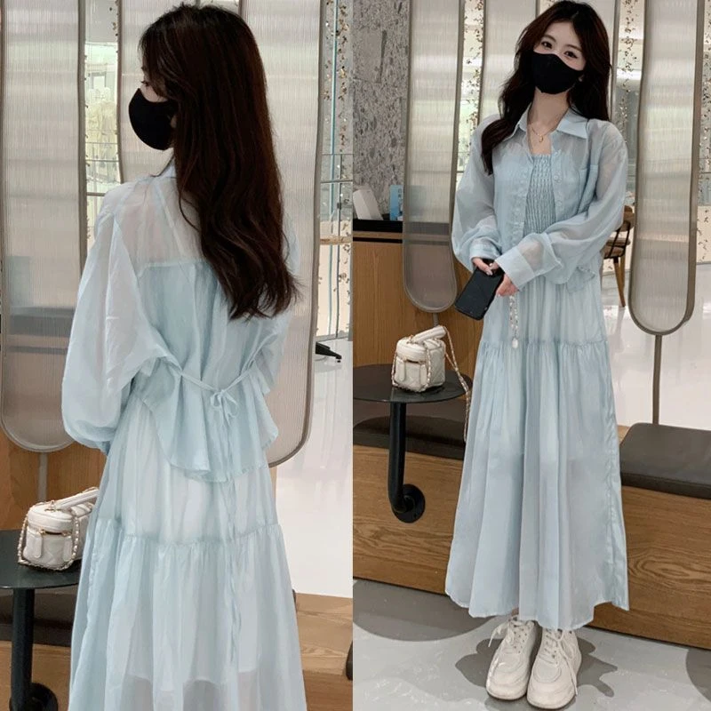 小个子气质显瘦薄款2025夏季新款防晒上衣中长款吊带连衣裙两件套