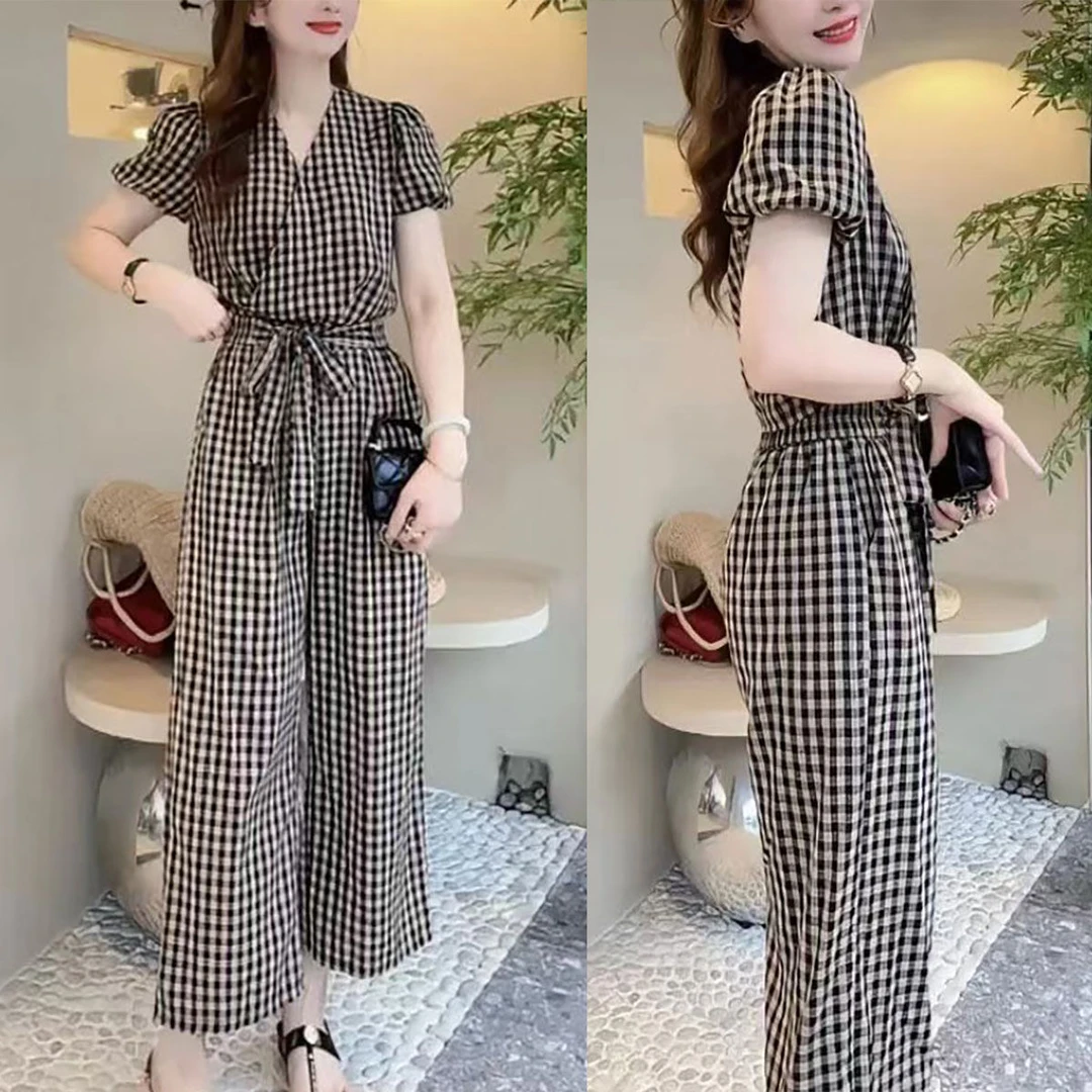 2025夏季新款小个子气质显瘦复古格子短袖上衣阔腿裤休闲两件套女