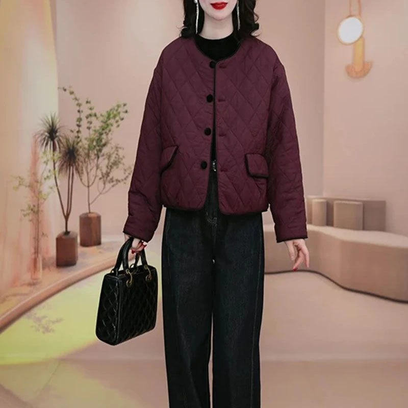 2024冬季新款休闲保暖短款棉服设计感宽松显瘦菱形纹百搭棉衣外套