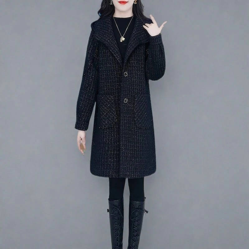 时尚休闲外搭大衣女2024秋冬新款气质宽松显瘦中长款连帽毛呢外套