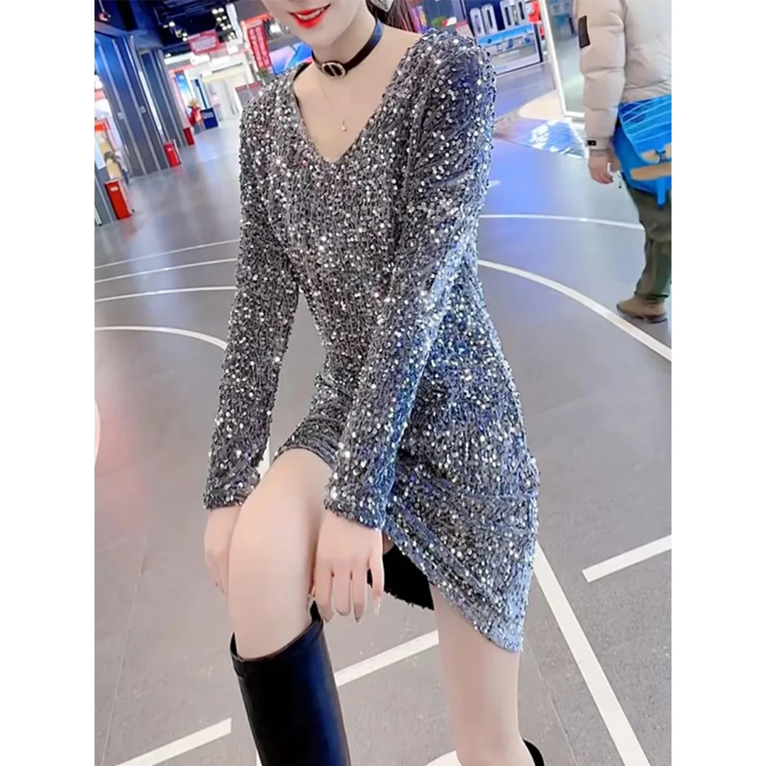 2025春季新款收腰显瘦百搭气质休闲大码纯色中长款时尚亮片连衣裙