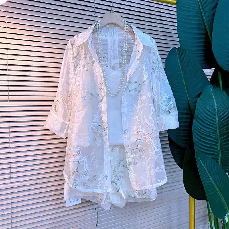 2025夏季新款时尚新中式国风薄款防晒印花衬衫上衣短裤两件套装女