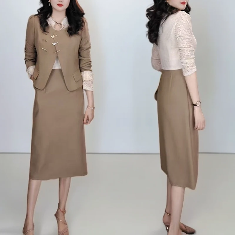 时尚套装裙女2025春季新款气质显瘦西装外套蕾丝拼接连衣裙两件套