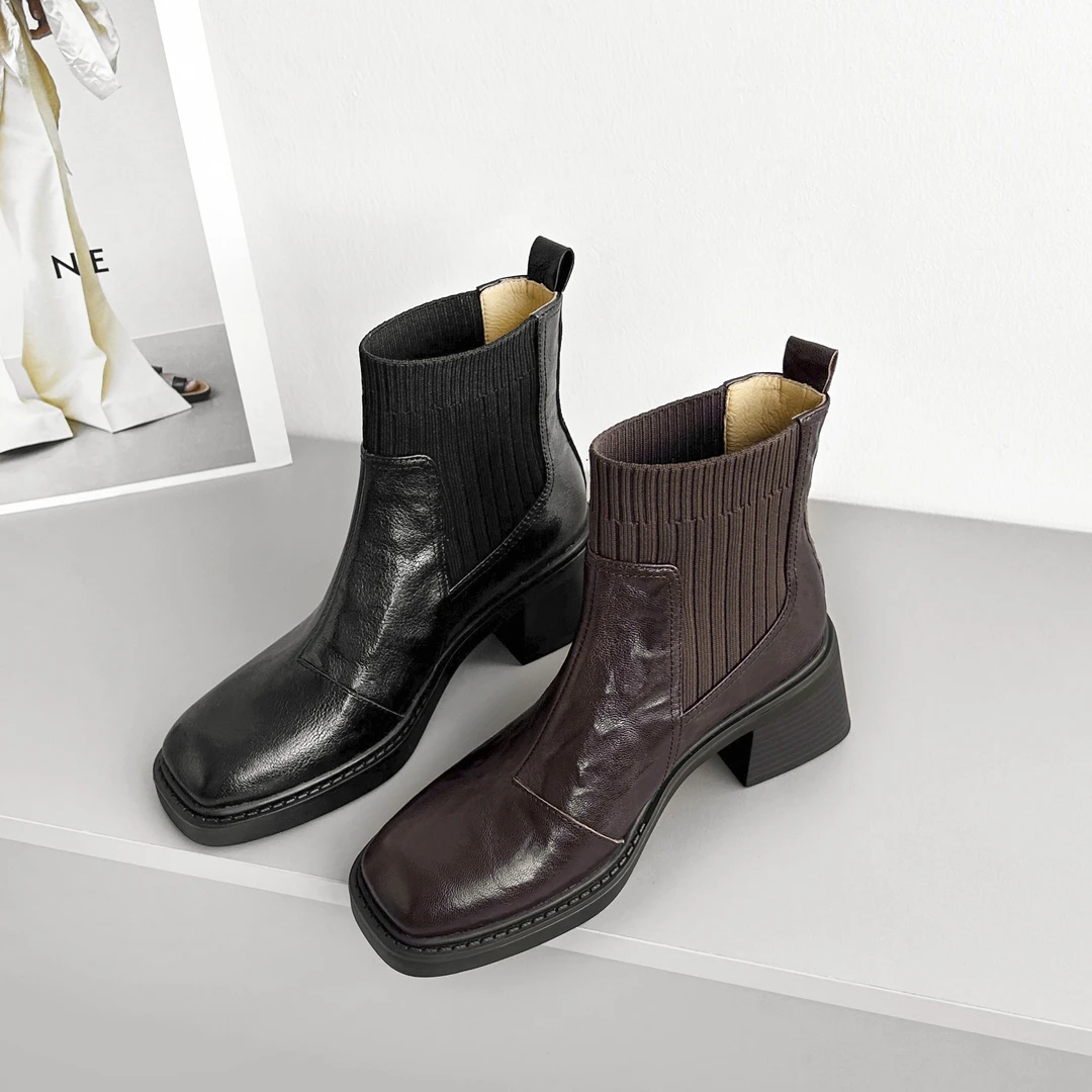 【现货】5cm/IU1578牛皮方头短靴女秋冬新款加绒粗跟中跟弹力袜靴