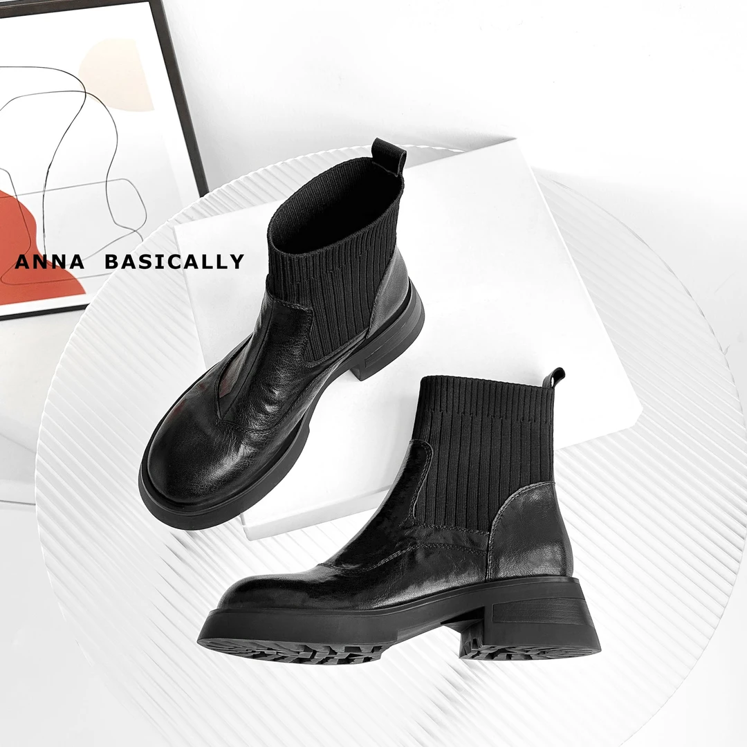 5cm/IU1585牛皮厚底短靴女圆头粗跟秋冬新款加绒黑色弹力袜靴