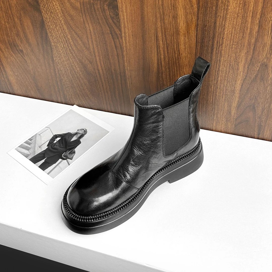 现货，断码不补】4cm/IU1583牛皮圆头厚底切尔西靴女秋冬加绒马丁靴