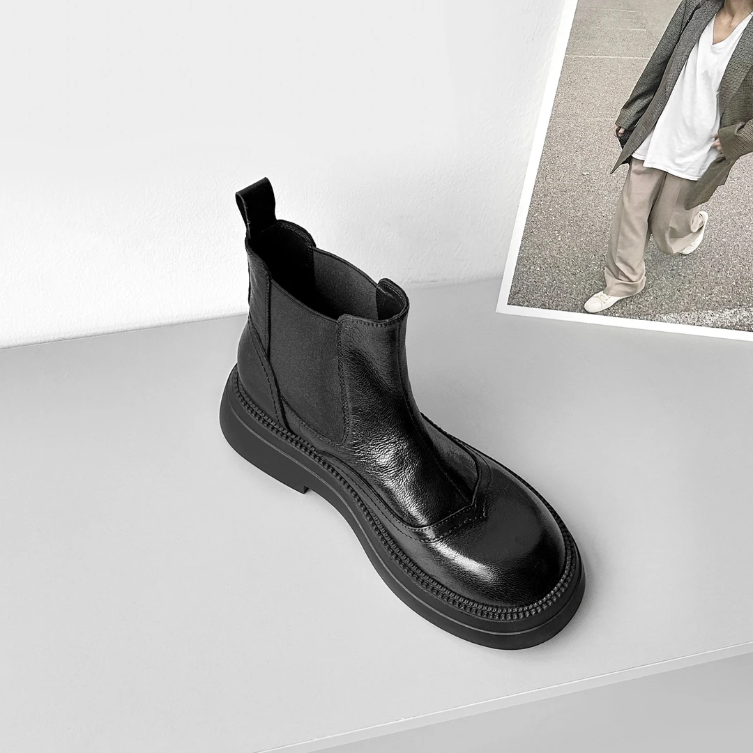 【现货】IU1601/4cm牛皮平底短靴女切尔西靴2024秋冬加绒厚底显瘦