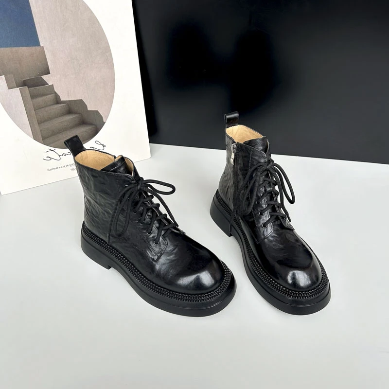 IU648/4CM牛皮短靴女2023秋冬新款厚底增高休闲系带秋冬短筒增高