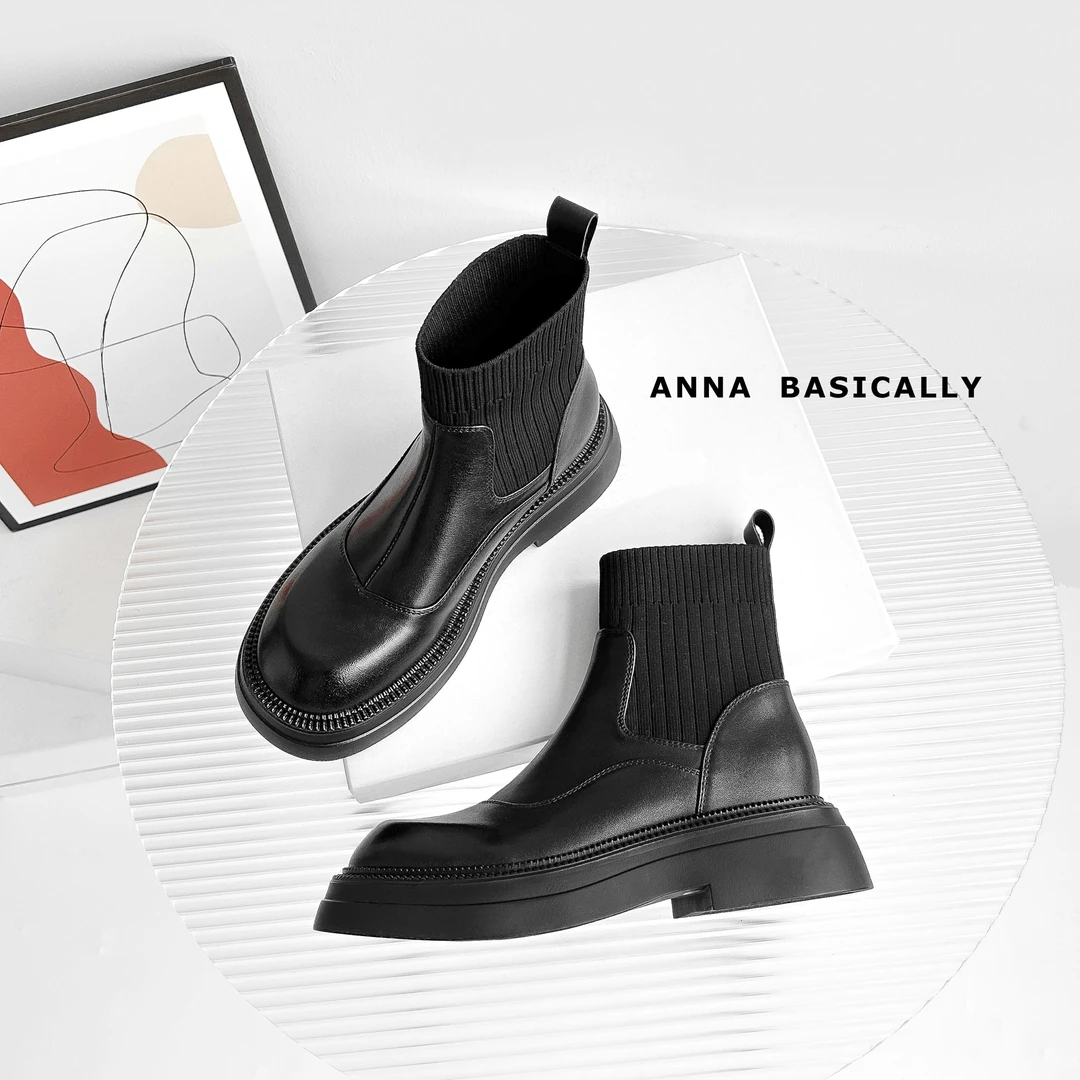 【现货】IU1595/4cm牛皮厚底袜靴女秋冬加绒粗跟中跟显瘦弹力短靴