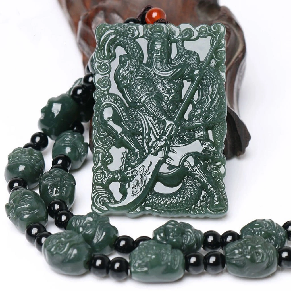 新疆和田玉关公吊坠男武财神关公项链青玉双面忠义关公牌御龙关公