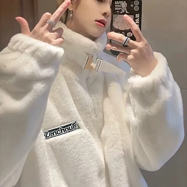 软糯毛绒绒外套男冬季加厚仿兔毛情侣棉衣oversize慵懒风潮牌棉服