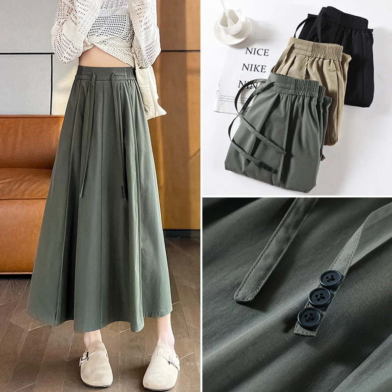 高腰显瘦A字裙女学院风中长宽松百褶裙小个子女款春夏垂感半身裙