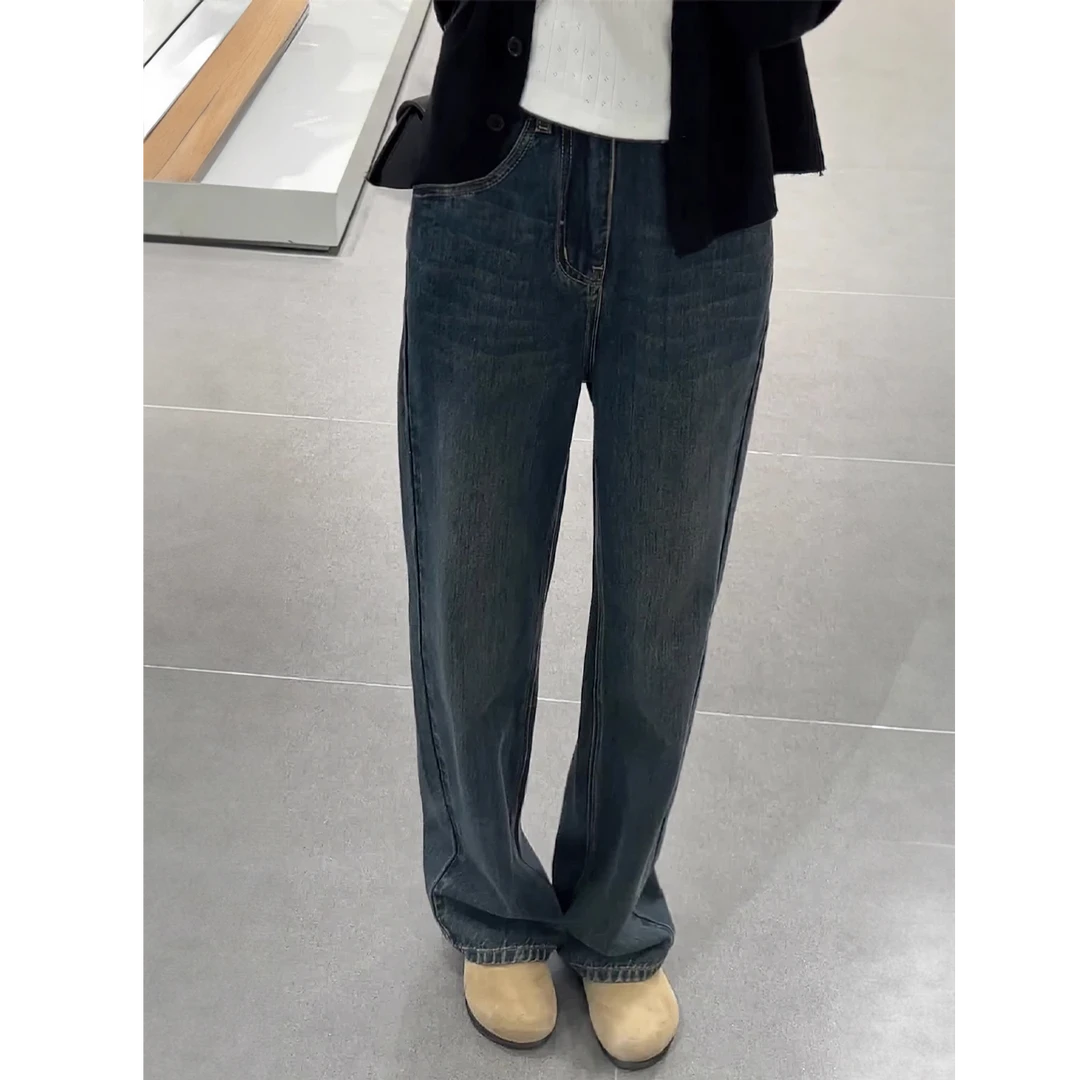 厚款胖妹妹大码牛仔裤女高腰复古直筒裤无弹力显瘦遮肉百搭水洗
