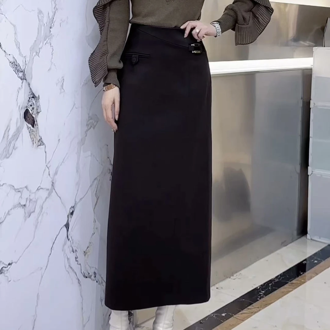 欧货西装半身裙女高腰显瘦中长款休闲A字开叉包臀裙