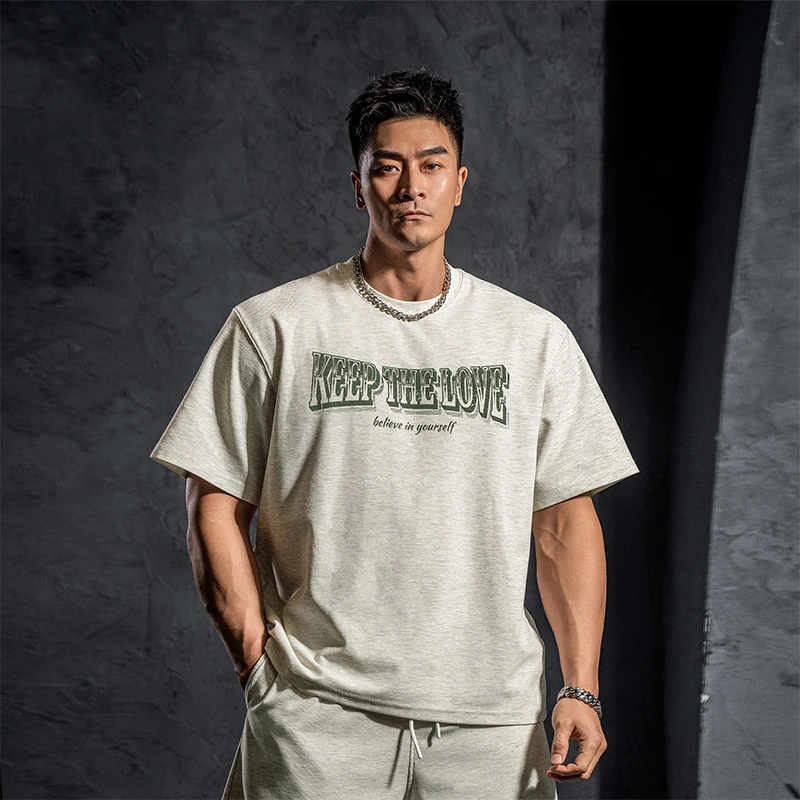 鹿家门夏季华夫格重磅运动短袖男休闲健身大码透气美式宽松半袖