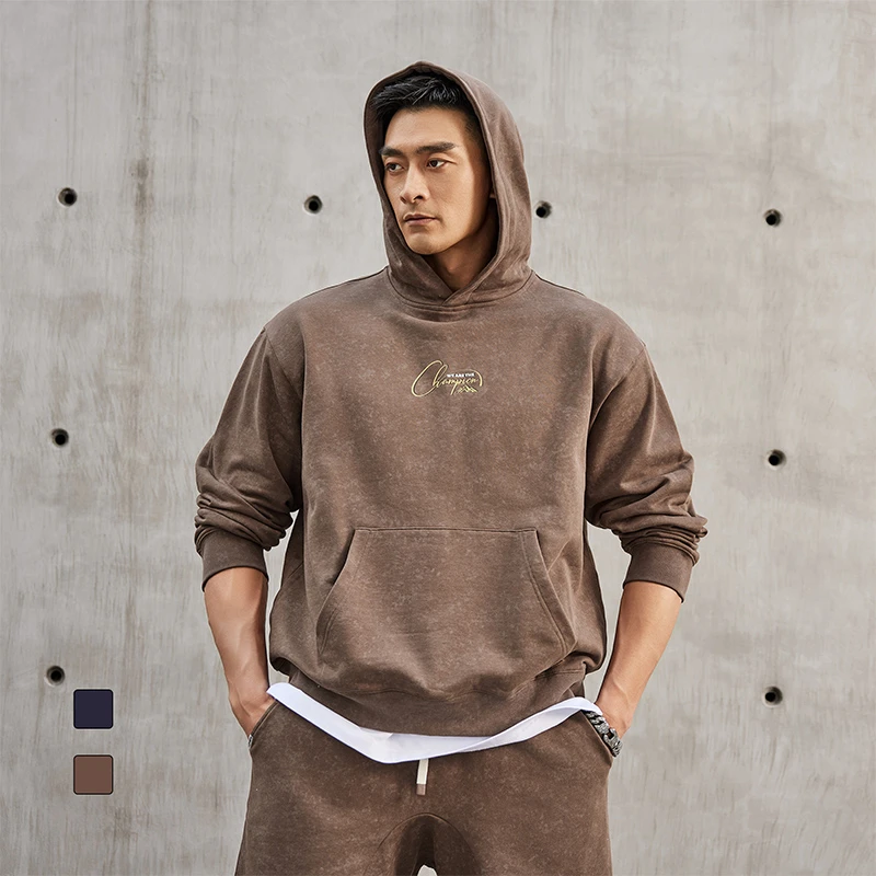 鹿家门春季卫衣男运动健身大码扎染复古连帽套头衫做旧美潮帽衫