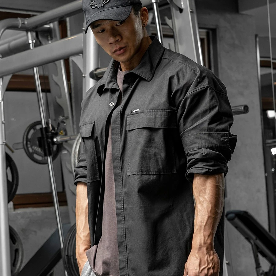鹿家门春季休闲宽松大码翻领长袖衬衫男基础运动工装大码薄外套男