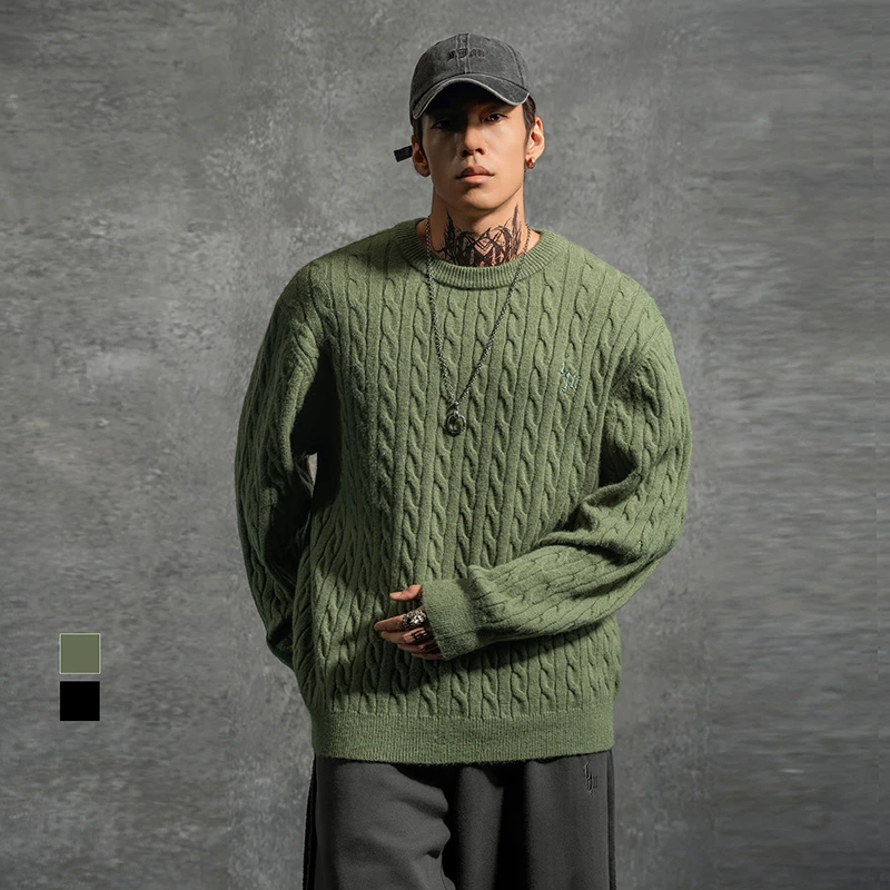 鹿家门秋冬新款针织圆领毛衣休闲宽松套头复古保暖运动大码线衫