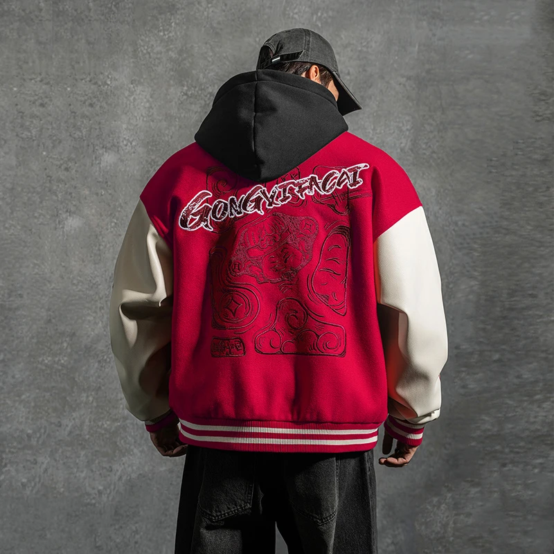 鹿家门秋冬新款美式常规棒球服休闲复古宽松潮流拼接运动夹克外套