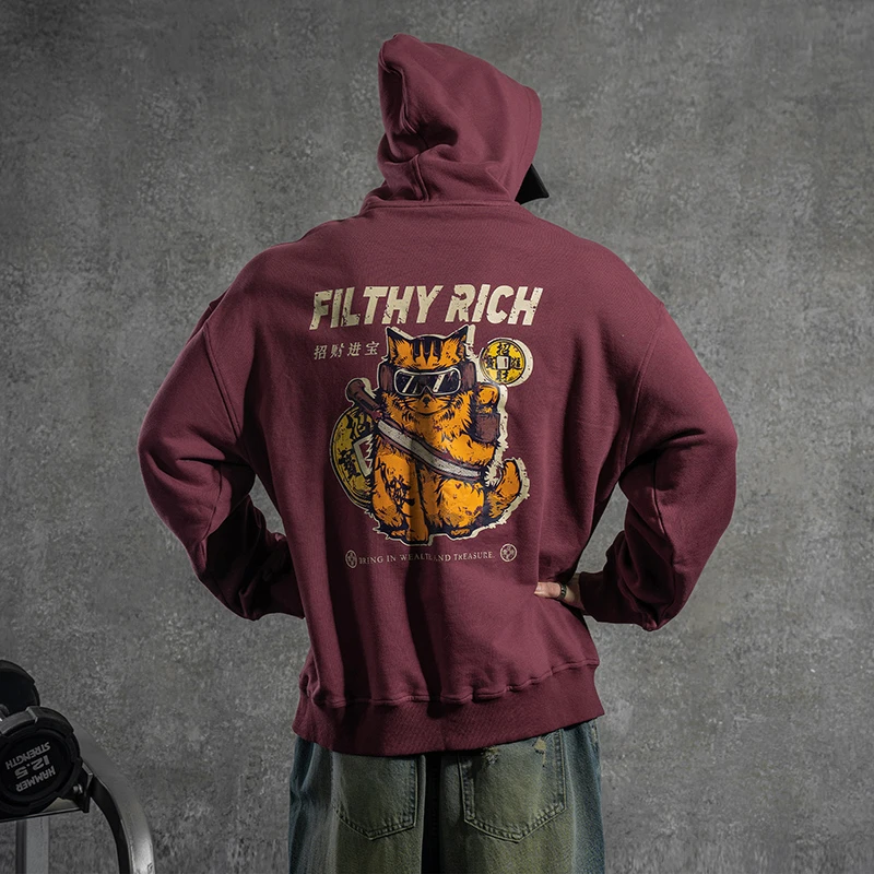 鹿家门冬季新款美式印花运动健身针织连帽卫衣休闲宽松复古国潮