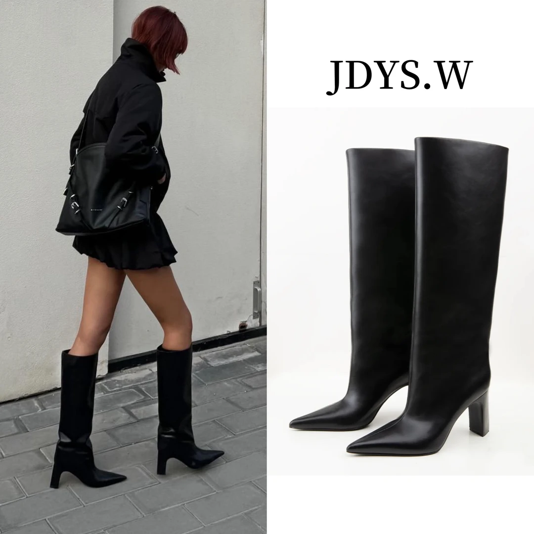 摩登巴黎 粗跟6.5cm棕色/黑色尖头直筒靴骑士靴长靴 WD/M300