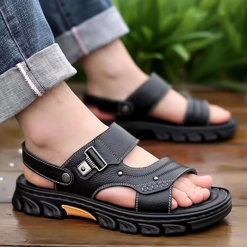 蜻蜓牌真皮牛皮沙滩鞋凉鞋男2023夏季软底男士两用防滑乳胶垫拖鞋