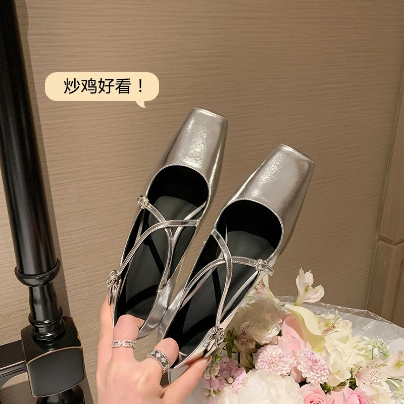 跟高4cm/34-40/春季新款韩版银色小方头百搭时尚真皮粗跟单鞋女