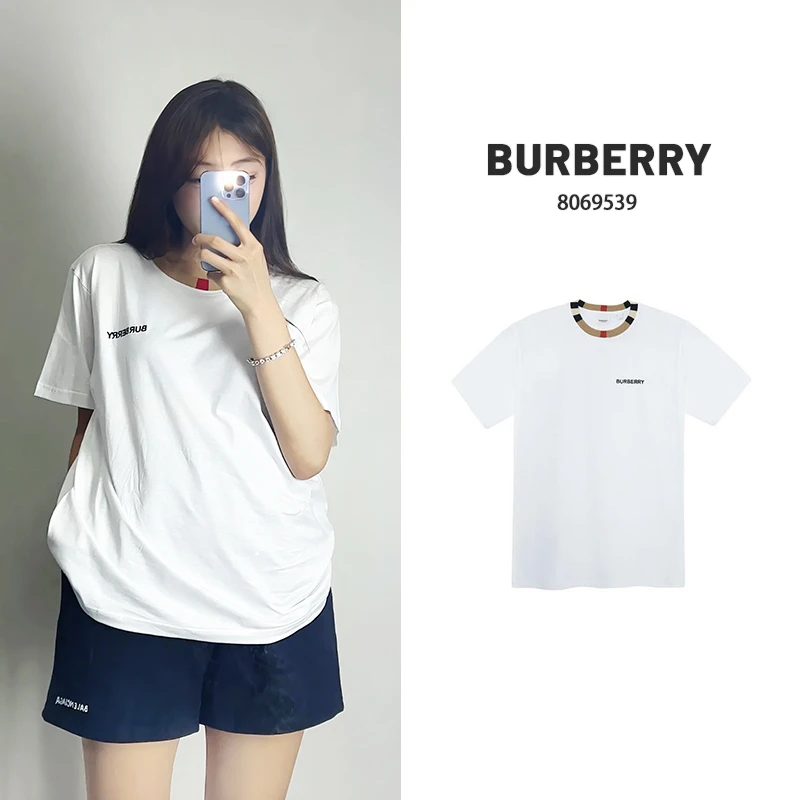 全新未使用 BURBERRY/博柏利 Q现货 格纹领口刺绣短袖T恤 8069539