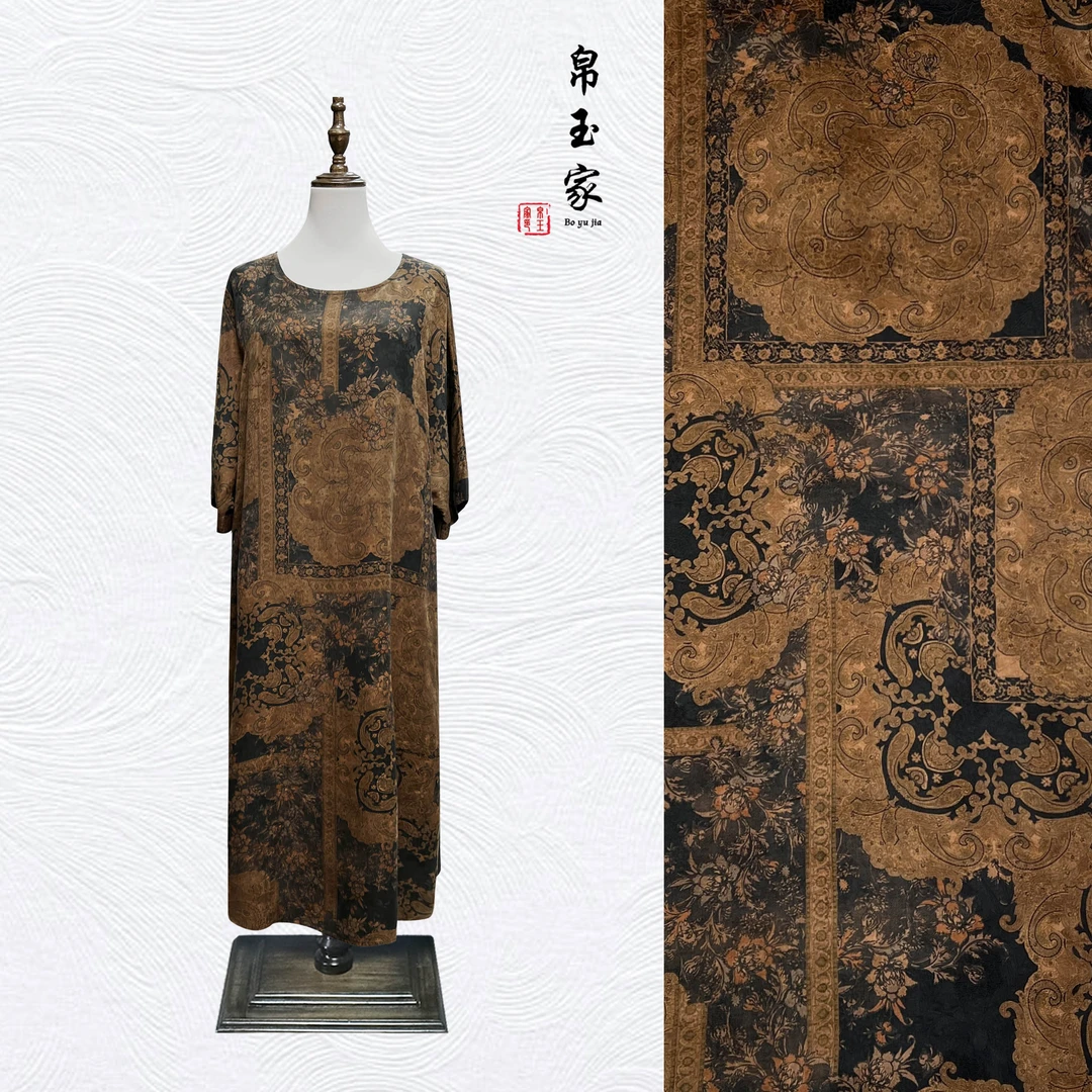 [帛玉家]8886新款时尚40姆米缎面花萝拼接龟裂纹前后两穿连衣裙