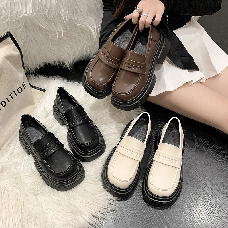 厚底粗跟英伦风小皮鞋女2023新款秋冬季一脚蹬女鞋单鞋黑色乐福鞋