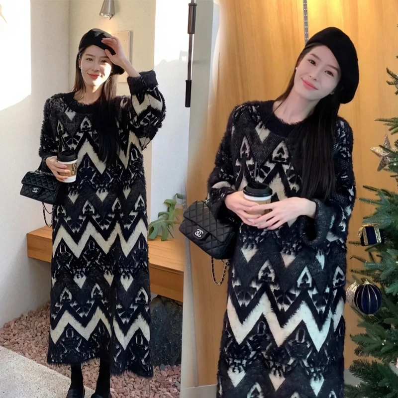 lemon孕妇装秋冬季黑拼杏色设计感宽松加厚显瘦百搭连衣裙时尚