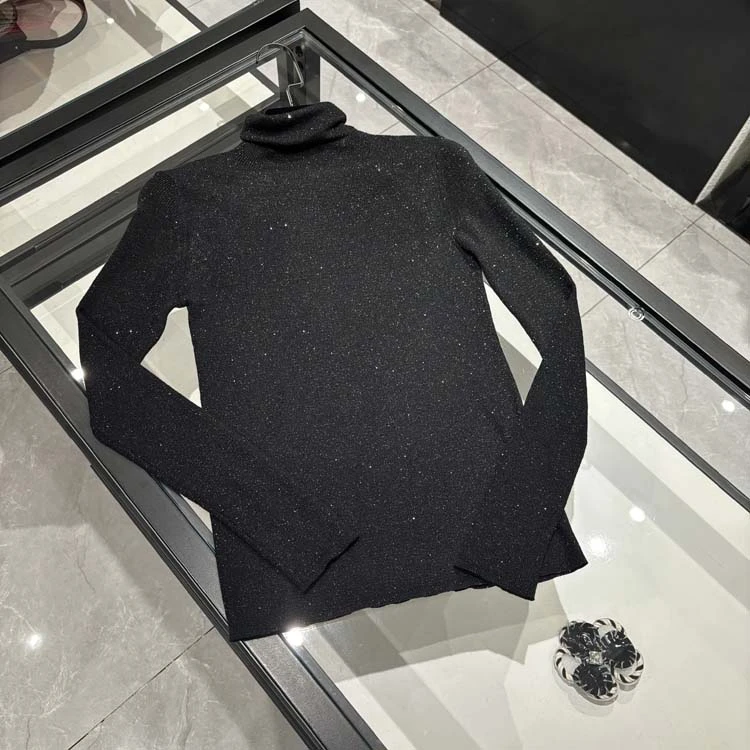 高级时装 24年秋冬女装 法式堆堆领修身亮丝黑色打底毛衣-24225