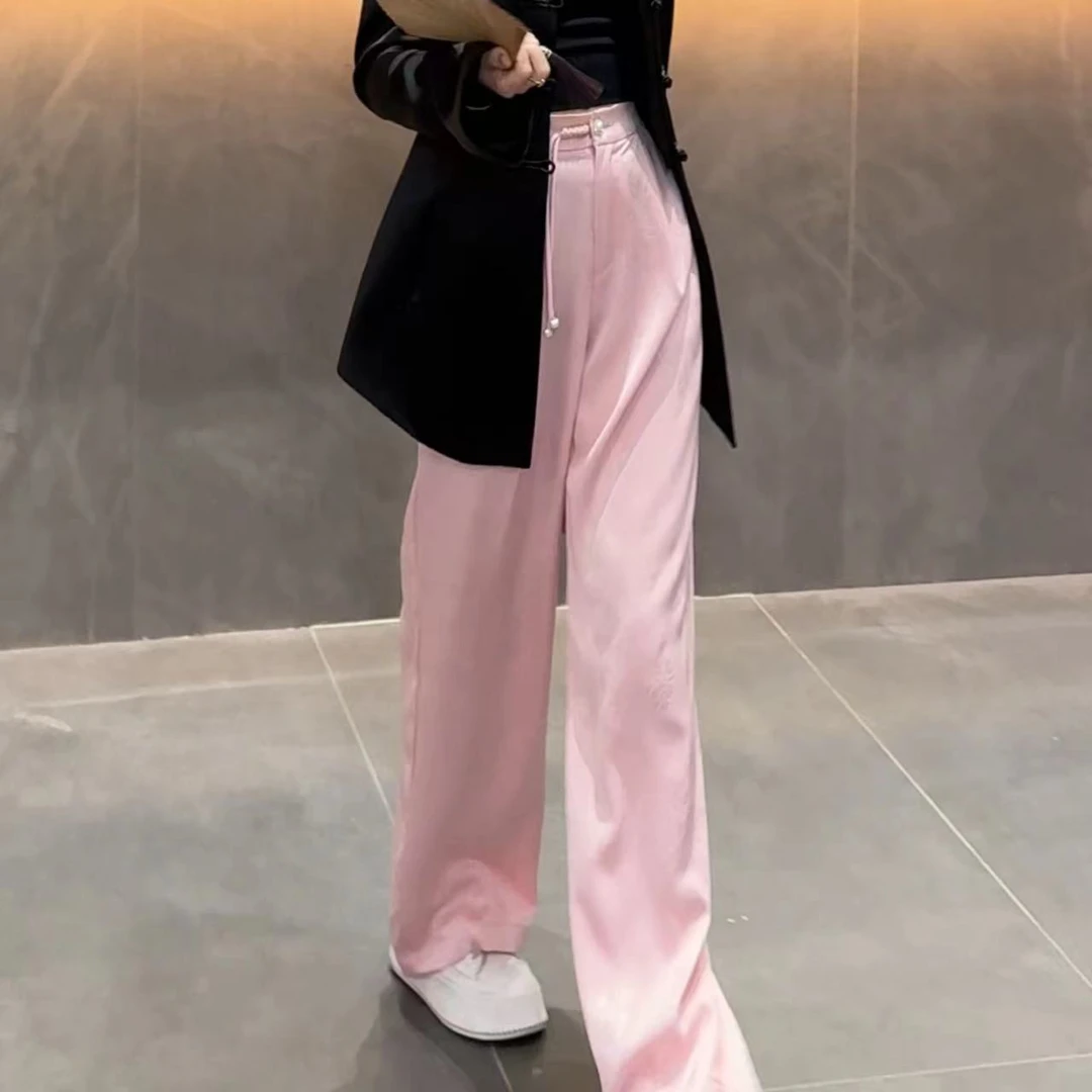 【粉红世家】新中式人丝提花盘扣显瘦百搭直筒宽松国风阔腿裤