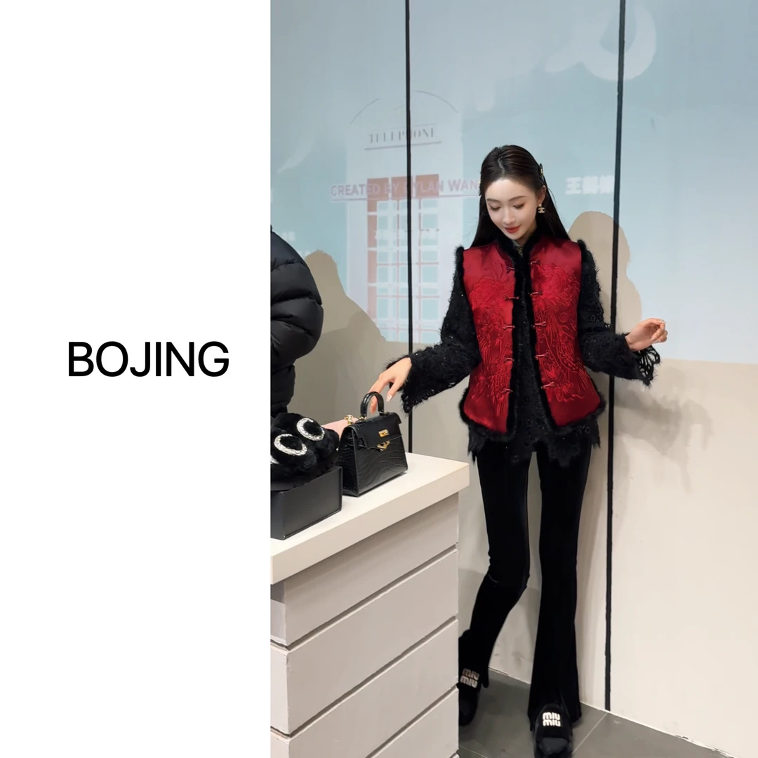 新款【锦绣年华】新中式休闲百搭醋酸水貂毛重工刺绣国风上衣棉马甲