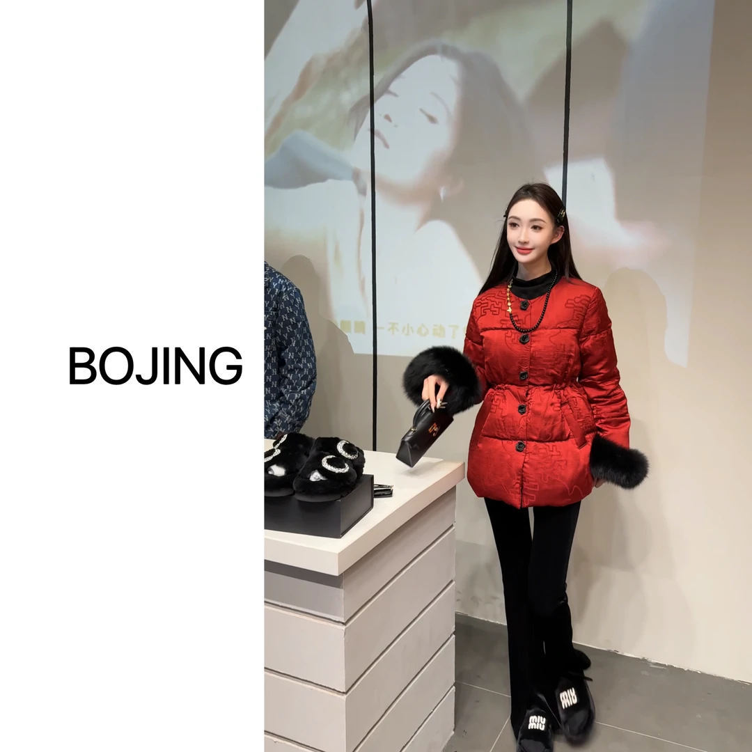 现货【醉红妆】新中式休闲百搭人丝狐狸毛保暖国风羽绒服