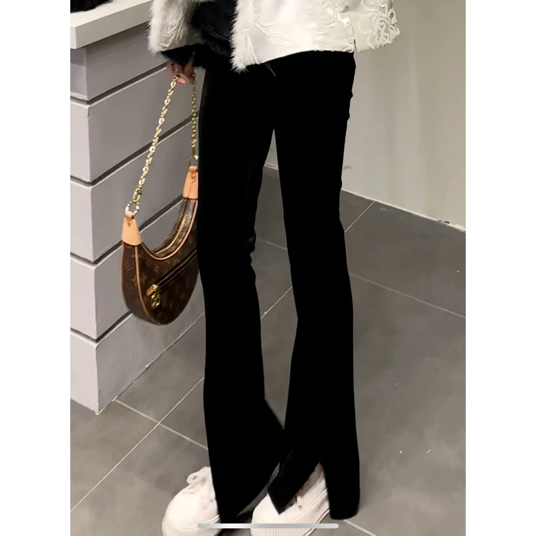 雪尼尔条绒休闲百搭修身显瘦加绒开叉喇叭裤直筒休闲裤