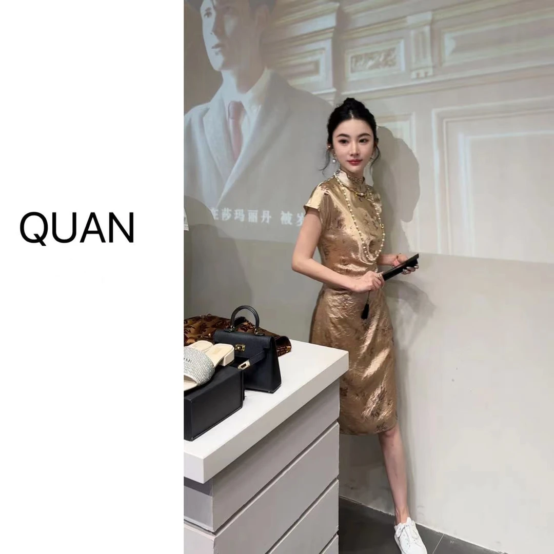 现货 夏季【名门千金】新中式休闲百搭烫金醋酸国风连衣裙