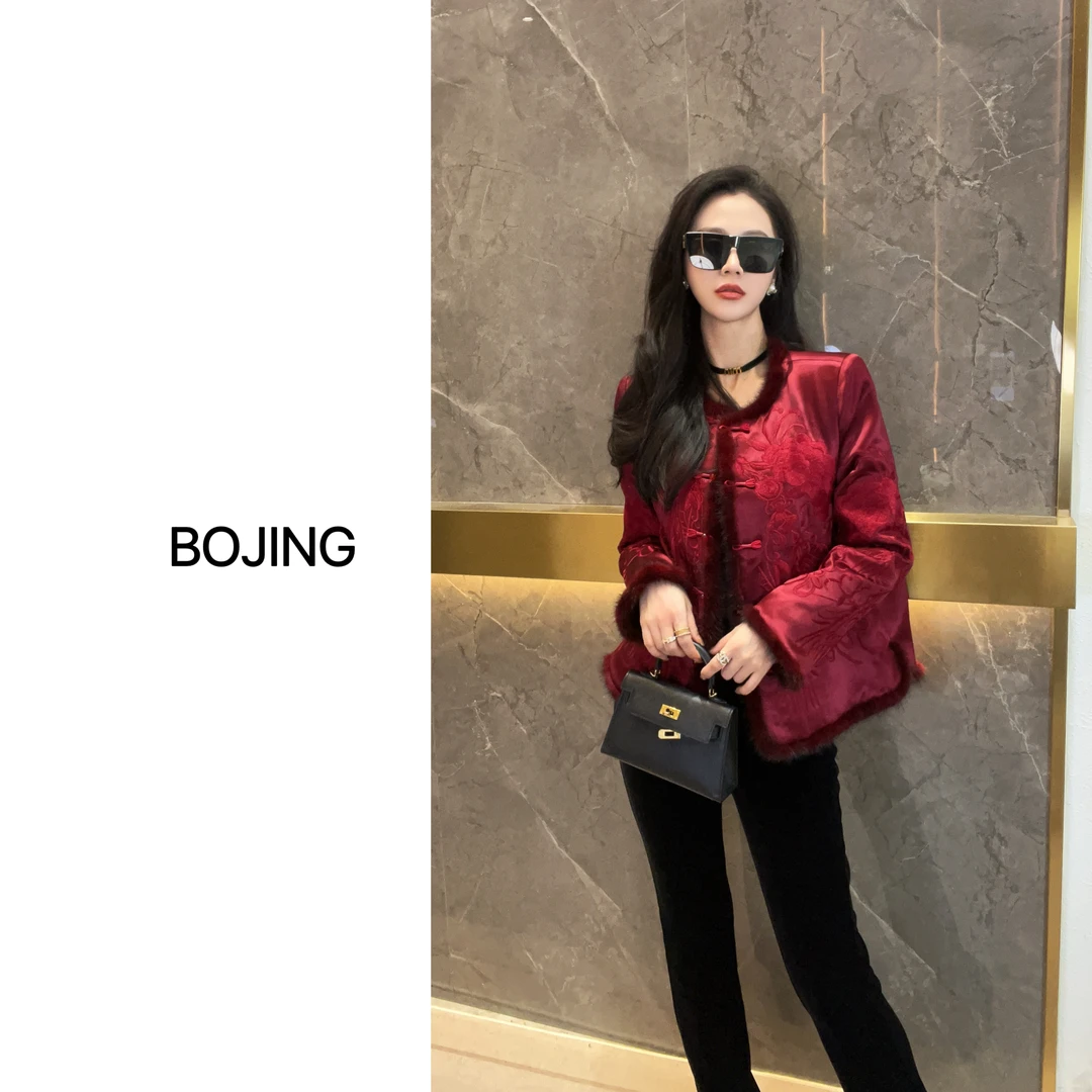 现货【红鸾心动】新中式水貂毛醋酸刺绣国风重工复古红色加棉外套