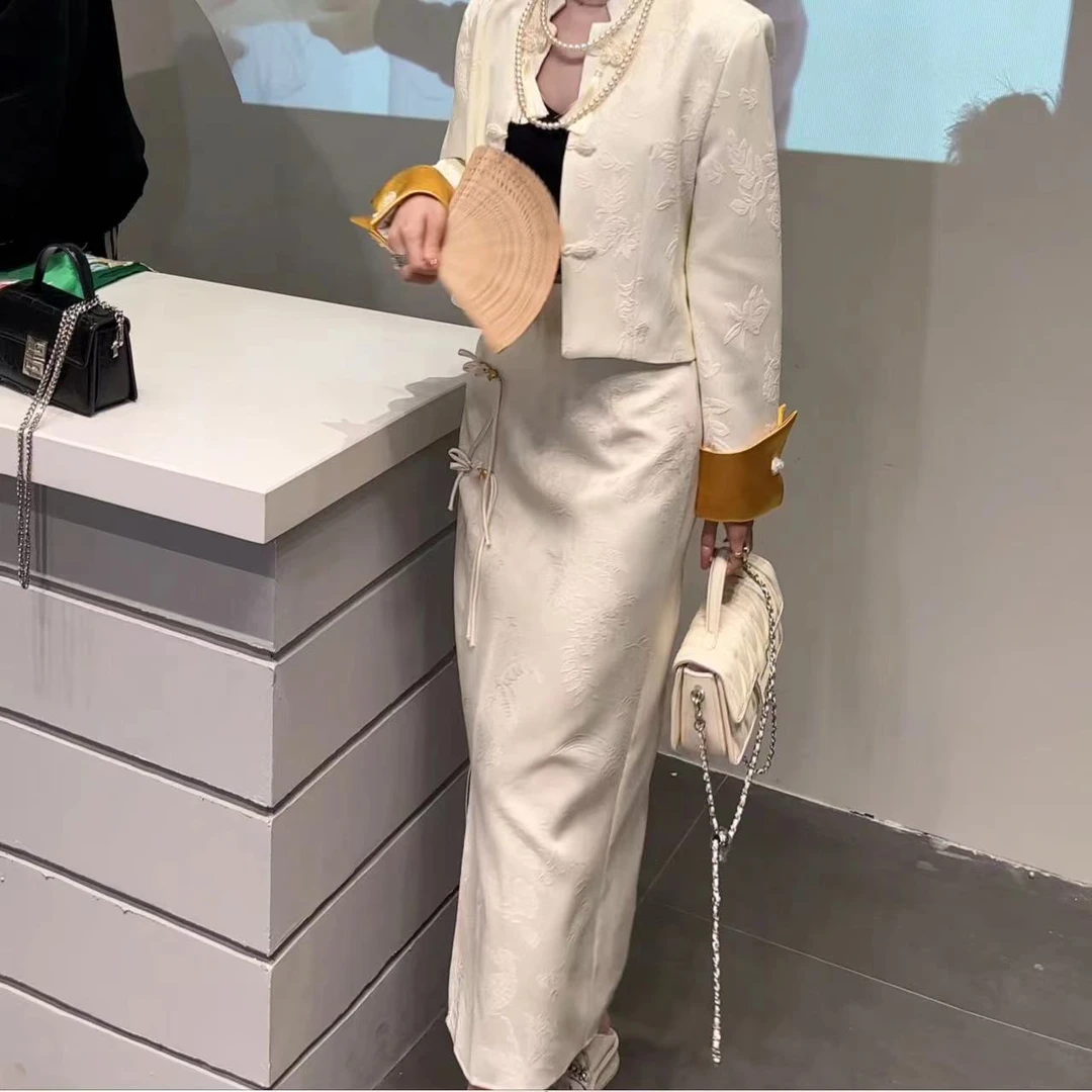 （龙华富贵）原创新中式国风重工提花休闲修身显瘦女半身裙