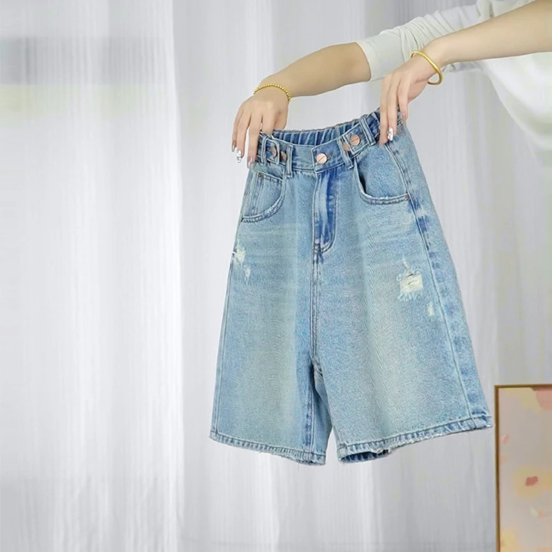 新款夏季破洞直筒五分裤高腰显瘦大码阔腿薄款宽松百搭韩版中裤女