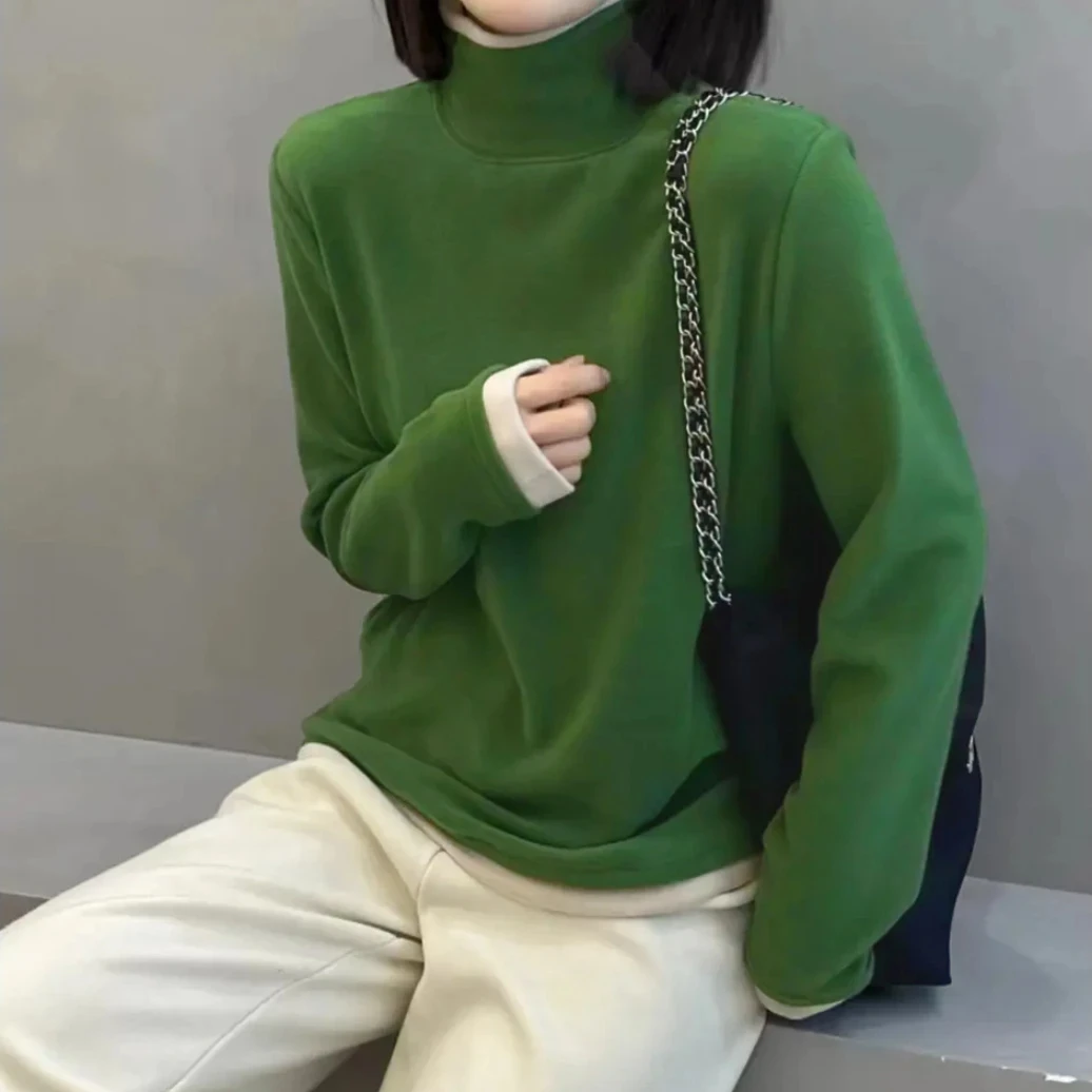 2024秋冬季新品时尚百搭修身显瘦加绒加厚纯色打底女士上衣7742