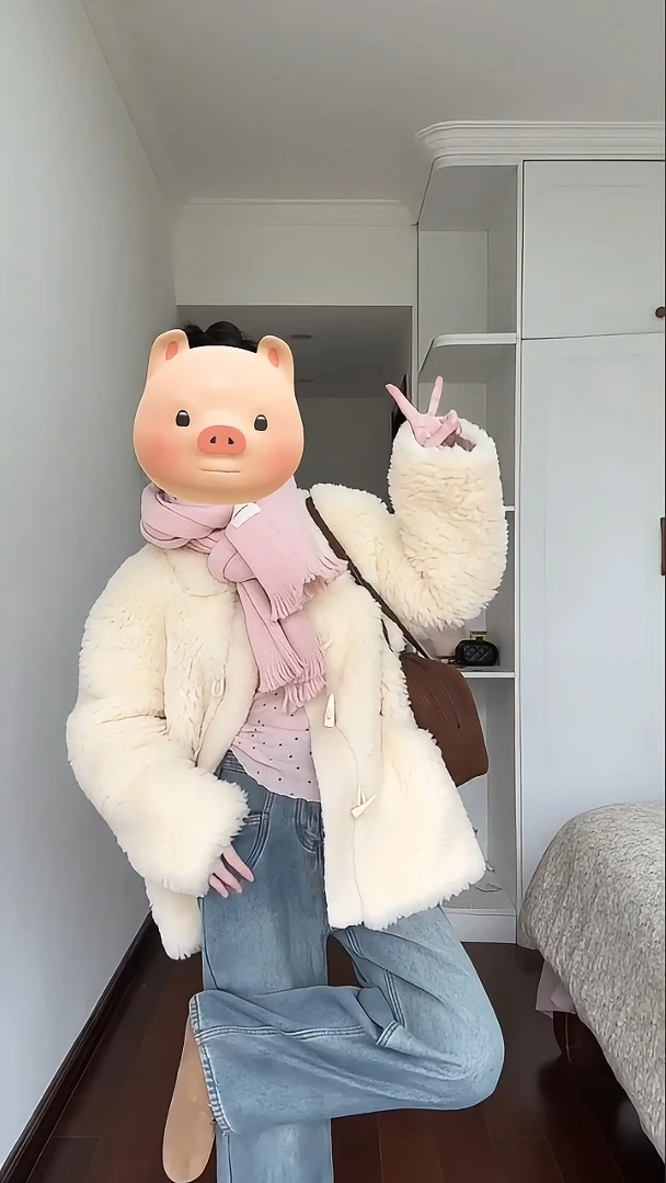 韩系少女气质秋冬牛角扣毛茸茸外套女牛仔高腰显瘦阔腿裤两件套装