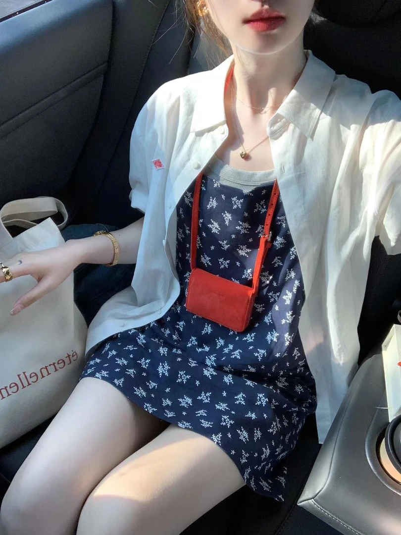 夏装搭配一整套韩系今年流行温柔系奶乖吊带碎花连衣裙衬衫套装