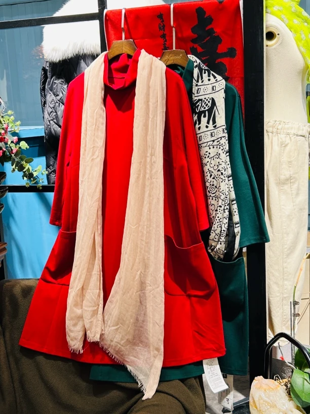 2024爆款外贸出口文艺女装秋季中长款高领连衣裙罗马棉高品质