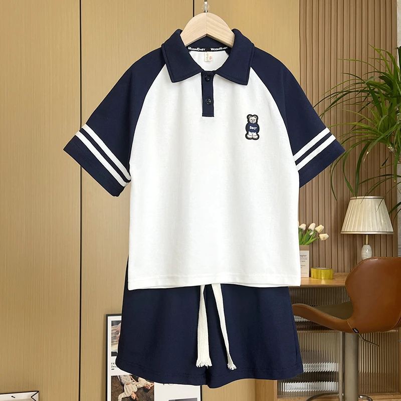 儿童夏装男童夏季套装2023新款小熊男孩短袖中大童POLO两件套童装
