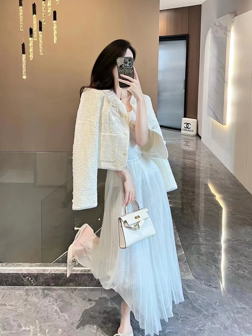 （高端定制女装）轻奢仙气白色短款连衣裙蕾丝小香风套装显瘦高品质